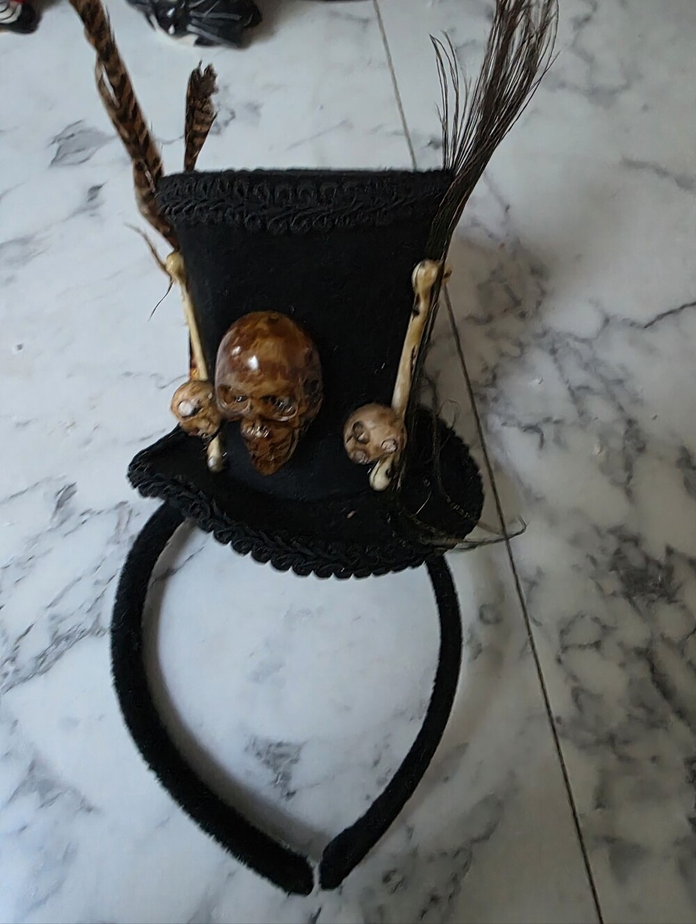 Voodoo Witch Doctor Miniature Top Hat Headband with Skulls and Feathers